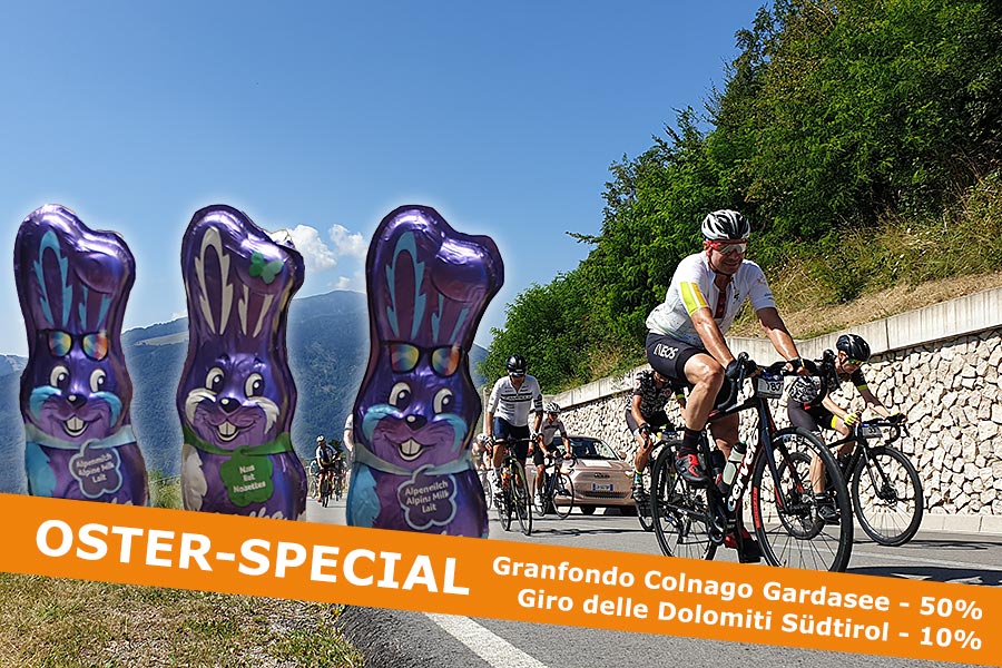 Mitfahren und Geld sparen bei einem klassischen italienischen Granfondo oder bei einer Rundfahrt über die schönsten Dolomitenpässe